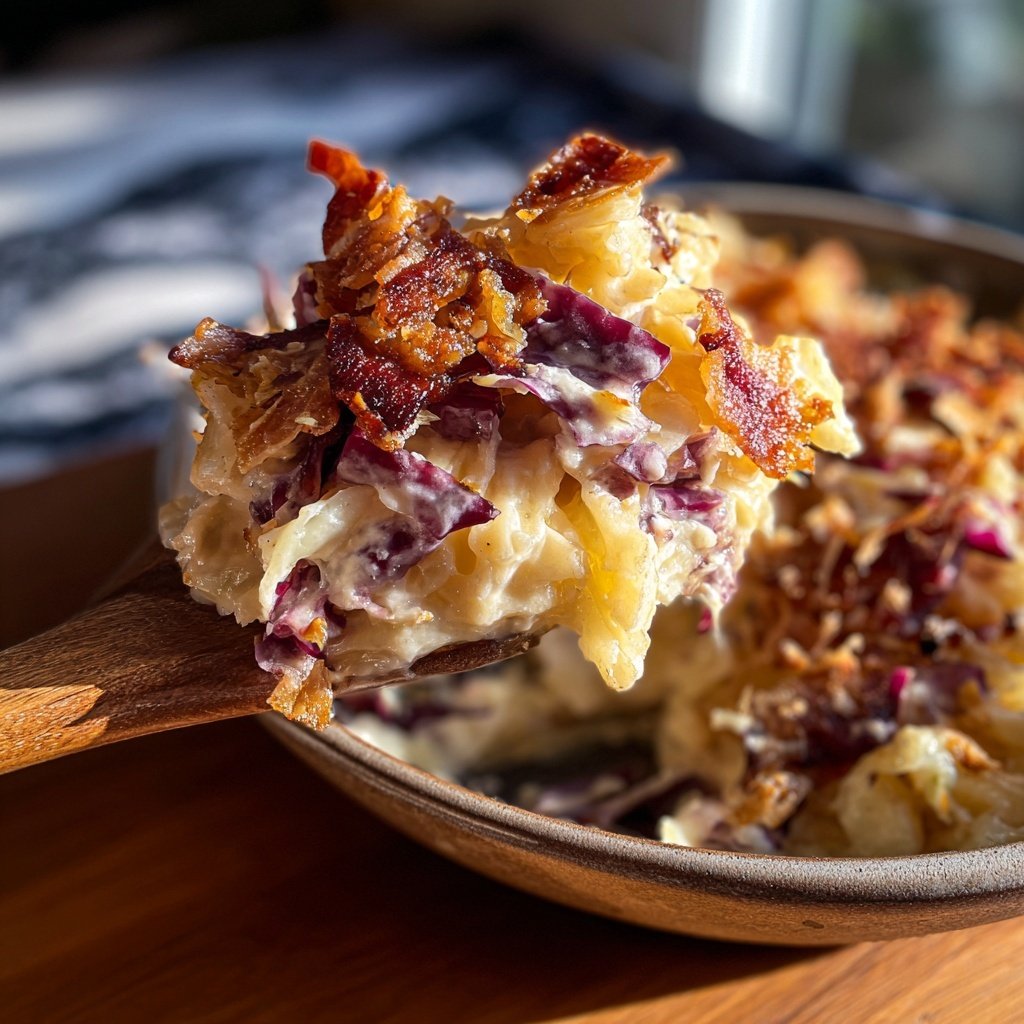 Rotkohl-Spätzle-Auflauf mit Speck