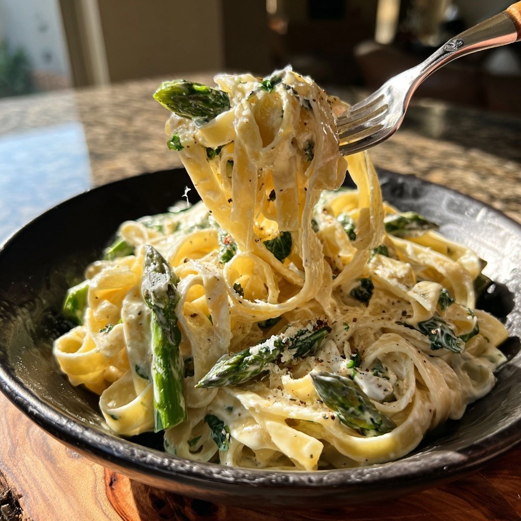 Spargel und Ziegenkäse Fettuccine