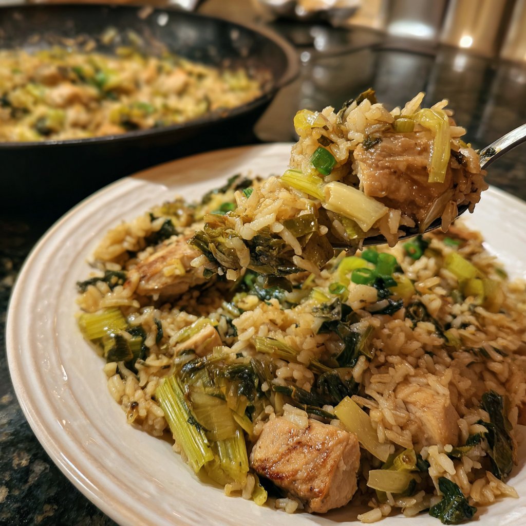 Hähnchen Lauch braun Reis Pfannengerührtes