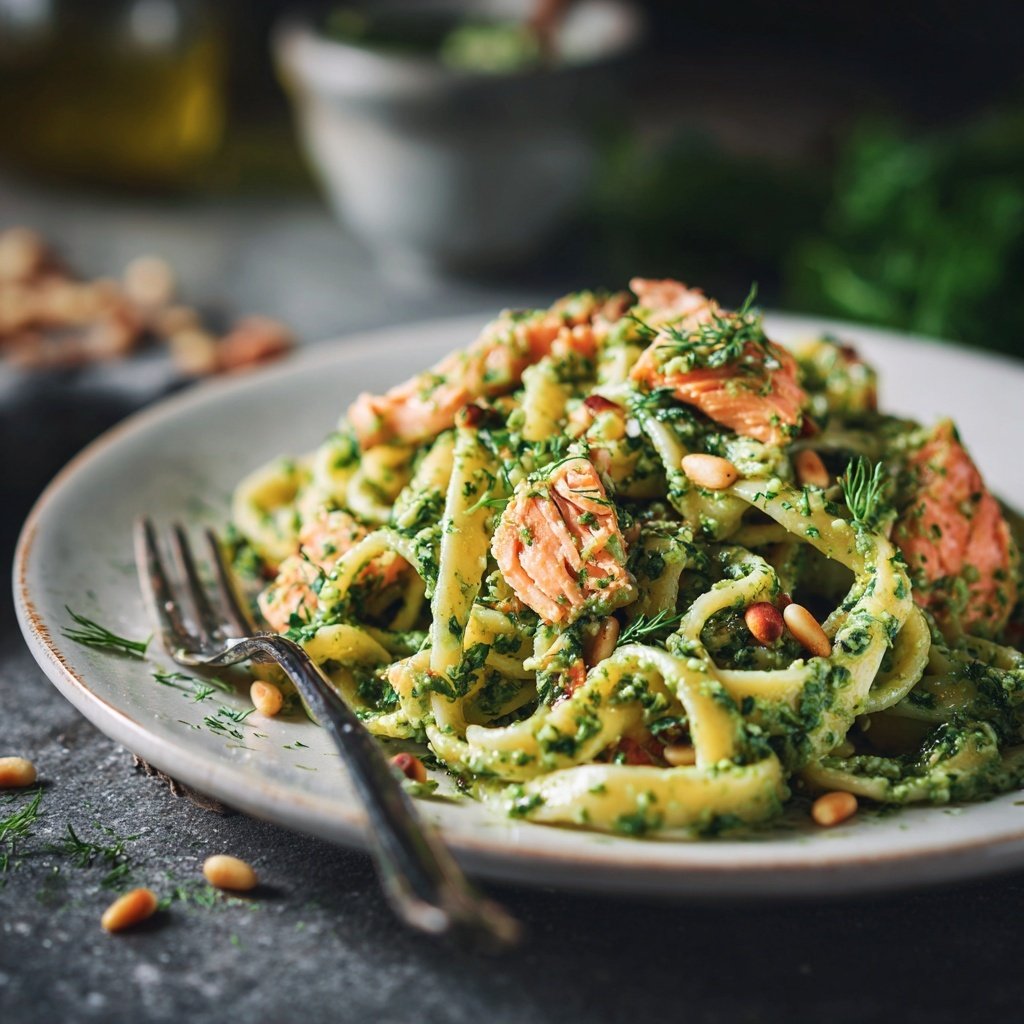 Lachs Pasta mit Spinat Pesto