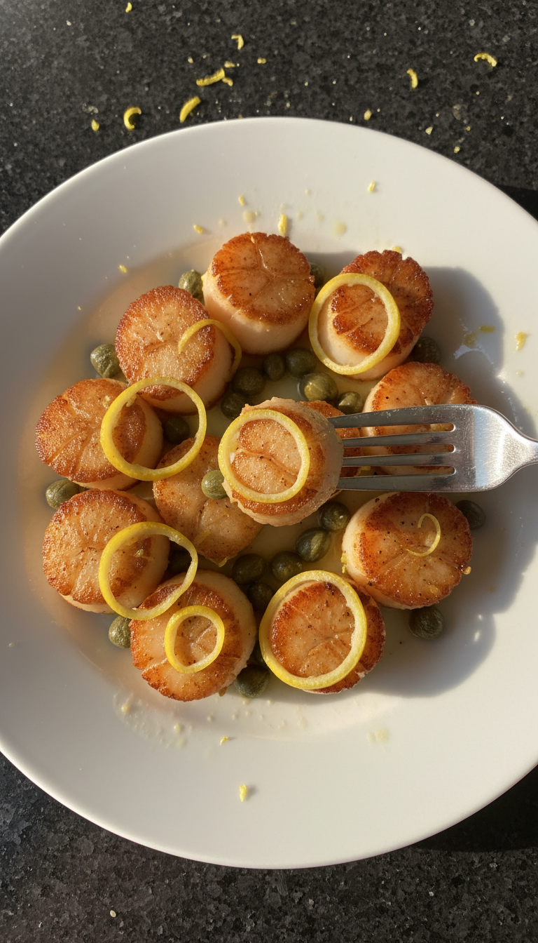 Zitronen Kapern auf Gebratenen Jakobsmuscheln​