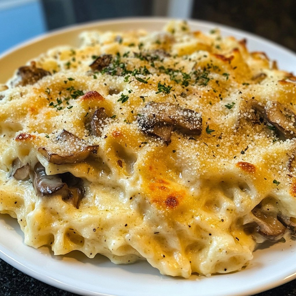 Kräuter-Käsespätzle Auflauf mit Waldpilzen