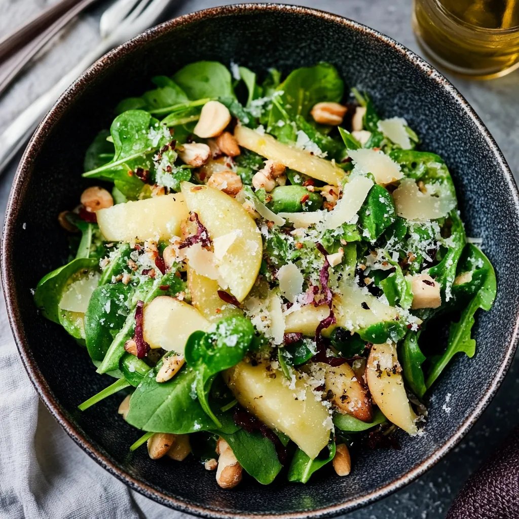 Feldsalat mit Äpfeln, Parmesan und Pinienkernen