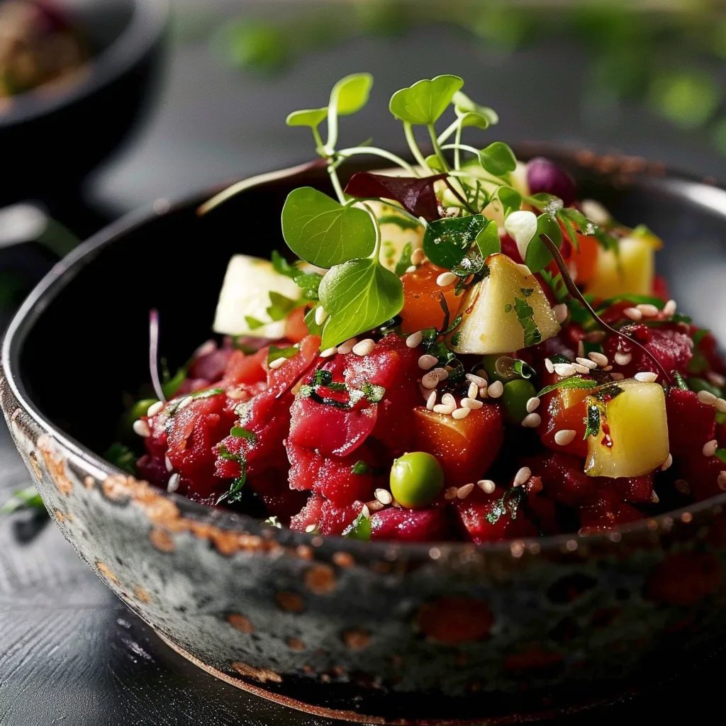 Rote Rüben Tatar mit Apfel, Kapern & Haselnuss-Mayo