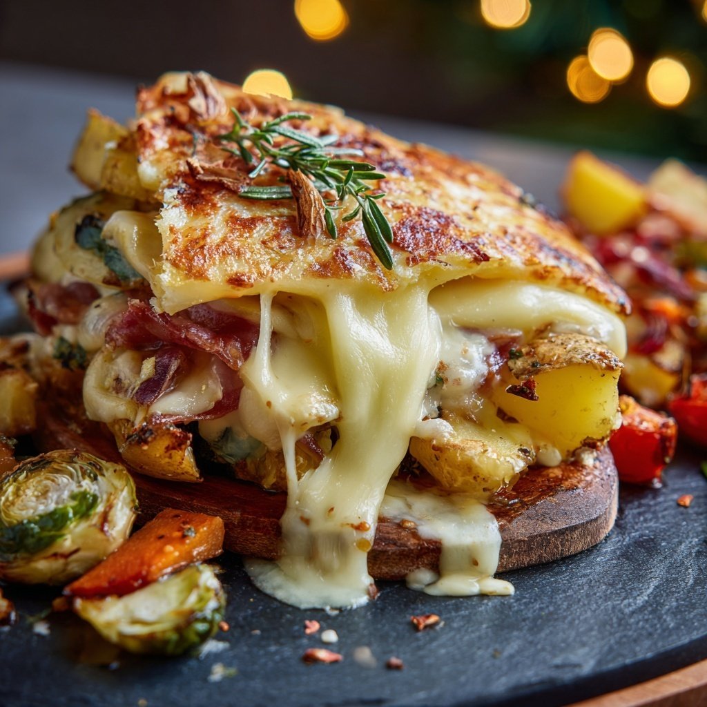 Raclette-Weihnachtsplatte mit Kartoffeln, Gemüse und Fleisch​